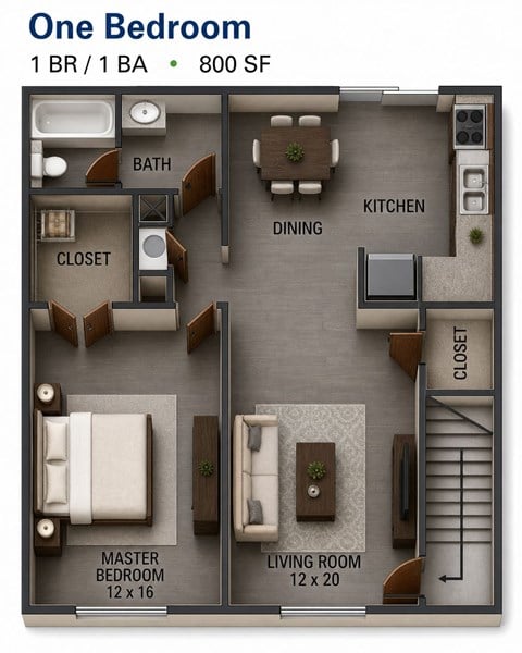 Floor plan for 1 bed, 1 bath, 800 sqft